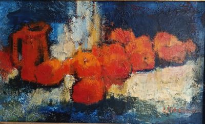un tableau représentant des oranges dans un vase posé sur une table