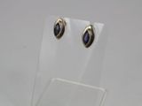 a close up of a pair of earrings on a display stand