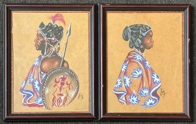 painting of two native men with spears and shield on a wall