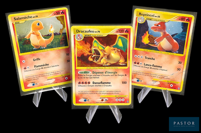 Trois cartes Pokémon sont présentées sur un fond noir