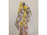 tableau représentant une femme vêtue d'une robe jaune et blanche, tenant un parapluie jaune