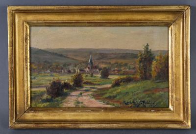 une peinture à l'huile représentant une route de campagne avec une église au loin