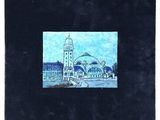 an image of a painting of a building with a clock tower