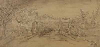 drawing of a drawing of a farm scene with a horse drawn by a man