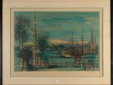 une image représentant une peinture d'une scène portuaire avec des bateaux sur l'eau