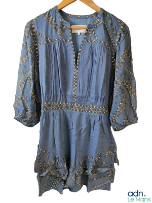 an image of a women ' s blue dress with a gold beading