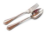 two silver spoons and a fork on a white surface