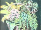 a painting of a basket of plants on a table
