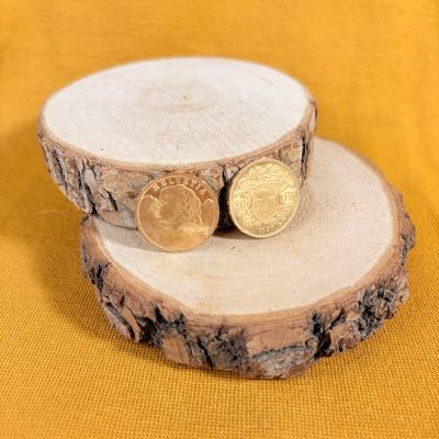 two coins sitting on top of a piece of wood