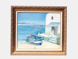 a picture of a painting of a boat on the beach