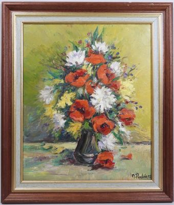 an oil painting of a vase of flowers on a table