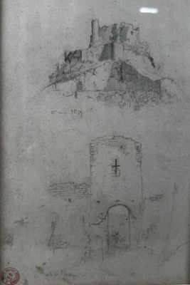 drawing of a castle with a tower on top of a hill