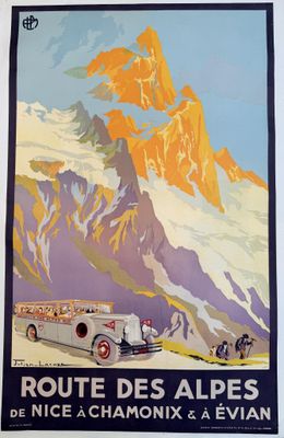 mountains are in the background of this vintage travel poster