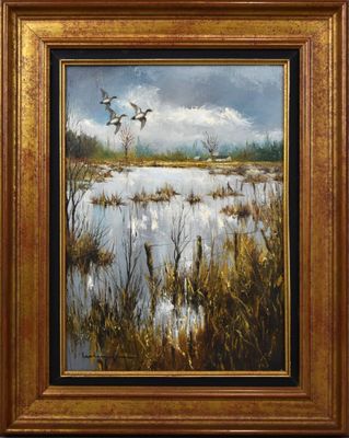 an oil painting of ducks flying over a pond in a field
