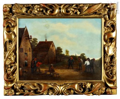 an image of a painting of a village scene with a horse drawn carriage