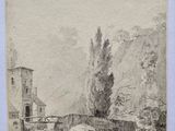 an image of a drawing of a river with a house in the background
