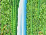 un tableau représentant une cascade au milieu d'une forêt