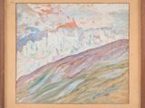 an image of a painting of a mountain with a sky in the background
