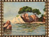 a painting of rocks and trees in the water with a mountain in the background