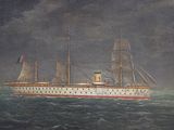 an old painting of a ship in the middle of a body of water