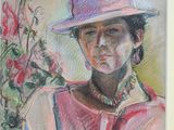 painting of a woman wearing a hat and a necklace with flowers in the background