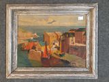an oil painting of a harbor scene with boats in the water