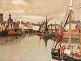 a painting of boats in a harbor with buildings in the background