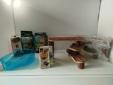 a shelf that has various items on it