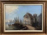 an image of a painting of a harbor scene with boats in the water