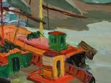 a painting of a boat in the water with other boats in the background