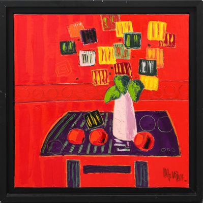 a painting of a vase of flowers on a table