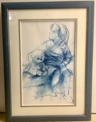 tableau représentant un enfant tenant un ours en peluche, dans un cadre bleu