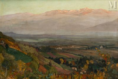 an image of a painting of a mountain range with a valley in the foreground