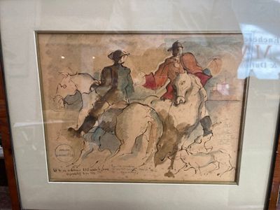 tableau représentant deux hommes à cheval, encadré et posé sur une table