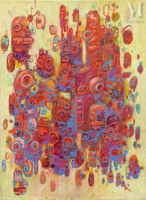 une peinture abstraite composée de formes rouges et bleues sur fond jaune