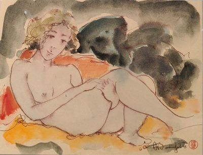 un tableau représentant une femme nue assise sur un canapé