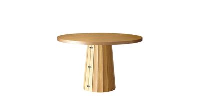 a wooden table with a round top on a white background