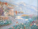 une peinture à l'huile représentant un jardin avec des fleurs et une montagne en arrière-plan