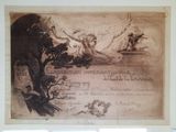 an old drawing of a woman on a boat with a man in the background
