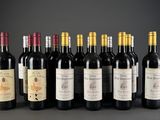 several bottles of red wine are lined up in a row