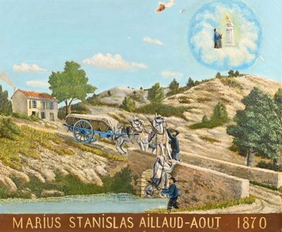 un tableau représentant un homme debout sur une colline, devant une calèche tirée par un cheval