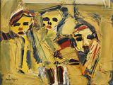 abstract painting of a group of people in a yellow room