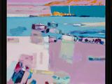 abstract painting of a beach scene with boats and a pink sky