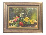 framed oil painting of a watering can and flowers on a table