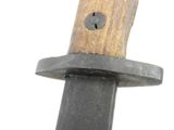 a close up of a knife with a wooden handle on a white background