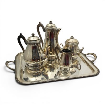 silver plated tea and coffee set on tray on white background