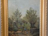 une peinture à l'huile représentant un paysage avec des arbres en arrière-plan