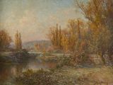 painting of a river scene with trees and a bench in the foreground