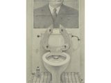 a black and white photo of a man in a suit and tie sitting on a toilet