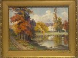 tableau représentant une rivière avec des arbres et une maison au loin